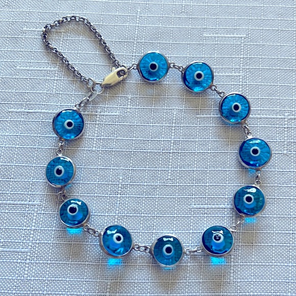 STERLING 925 SILVER PLATED MARKED TURKISH EYE BRACELET - Picture 2 of 9